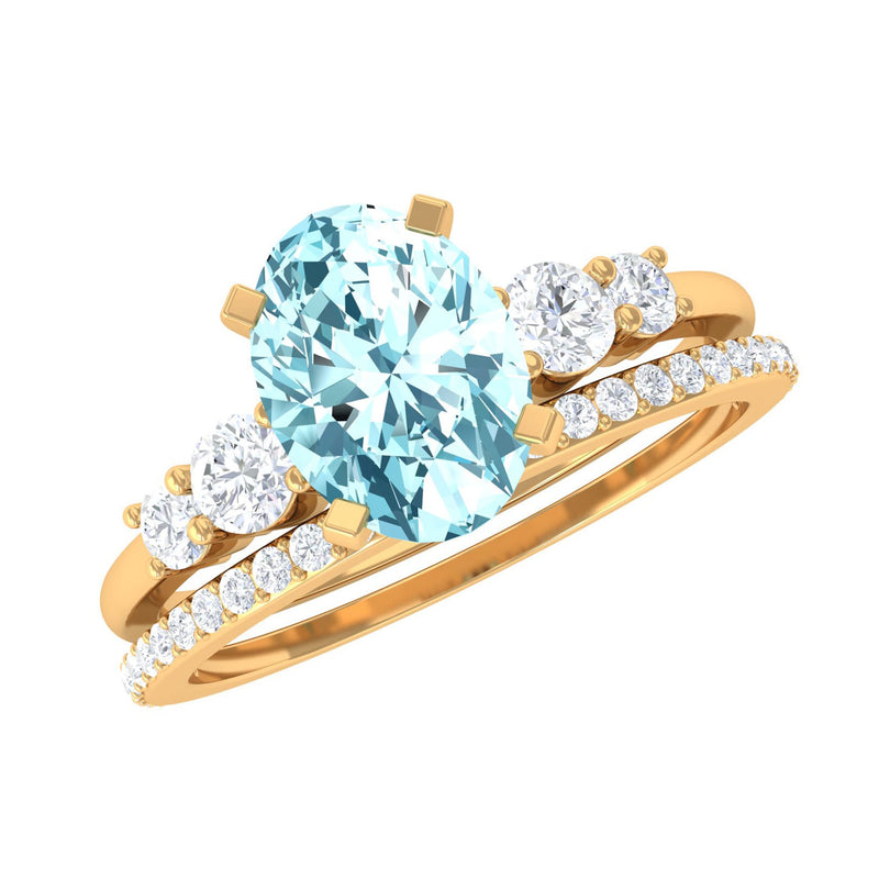 1 Carat Oval Shape Aquamarine Wedding Ring Set with Diamond