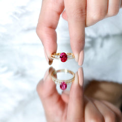 2 CT Oval Created Ruby Solitaire Ring Set with Diamond