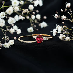 2 CT Oval Created Ruby Solitaire Ring Set with Diamond