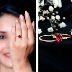 2 CT Oval Created Ruby Solitaire Ring Set with Diamond