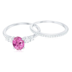 Oval Pink tourmaline Wedding Ring Set with Moissanite