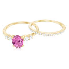 Oval Pink tourmaline Wedding Ring Set with Moissanite
