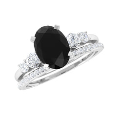 Natural 0.6 Carat Oval Shape Black Spinel Wedding Ring Set with Diamond