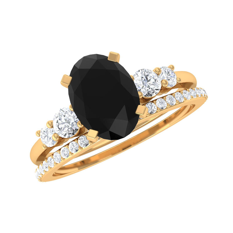 Natural 0.6 Carat Oval Shape Black Spinel Wedding Ring Set with Diamond