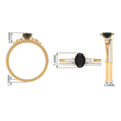 Natural 0.6 Carat Oval Shape Black Spinel Wedding Ring Set with Diamond