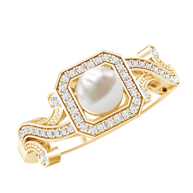 2.25 CT Freshwater Pearl and Diamond Vintage Engagement Ring