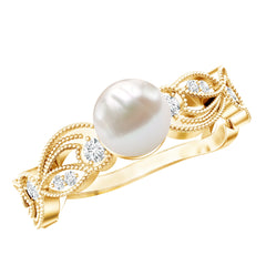 2.5 CT Freshwater Pearl Solitaire Beaded Ring with Diamond