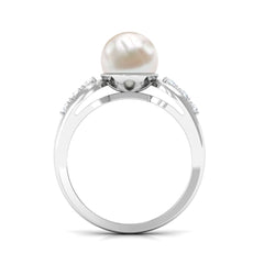 Bead Set Freshwater Pearl Solitaire Ring with Diamond Side Stones