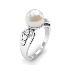 Bead Set Freshwater Pearl Solitaire Ring with Diamond Side Stones