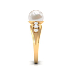 Bead Set Freshwater Pearl Solitaire Ring with Diamond Side Stones