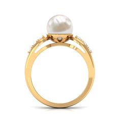 Bead Set Freshwater Pearl Solitaire Ring with Diamond Side Stones