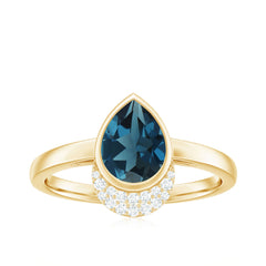 Genuine London Blue Topaz Diamond Engagement Ring in Bezel Setting