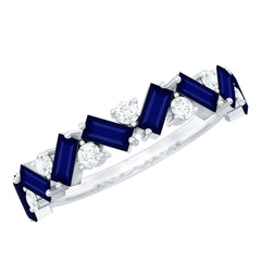 Baguette Cut Natural Blue Sapphire and Moissanite Half Eternity Ring
