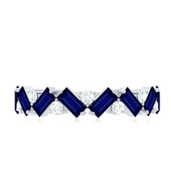 Baguette Cut Natural Blue Sapphire and Moissanite Half Eternity Ring