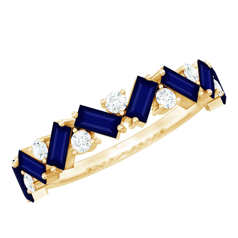 Baguette Cut Natural Blue Sapphire and Moissanite Half Eternity Ring