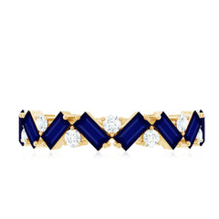 Baguette Cut Natural Blue Sapphire and Moissanite Half Eternity Ring