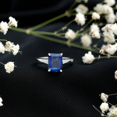 6X8 mm Emerald Cut Lab Created Blue Sapphire Solitaire Engagement Ring