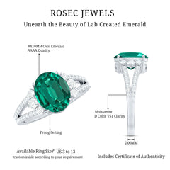 Certified 8X10 mm Oval Lab Grown Emerald Split Shank Engagement Ring