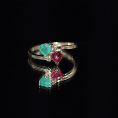 Heart Shaped Ruby Emerald Two Stone Engagement Ring