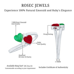 Heart Shaped Ruby Emerald Two Stone Engagement Ring
