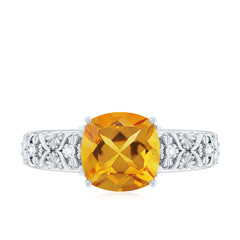 Vintage Style 8mm Citrine Cushion Cut Engagement Ring with Diamond