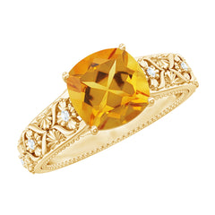 Vintage Style 8mm Citrine Cushion Cut Engagement Ring with Diamond