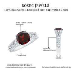 Nature Inspired 8mm Garnet Cushion Cut Engagement Ring with Diamond