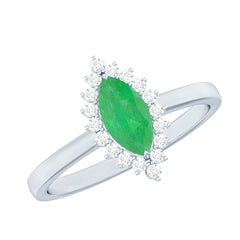 Elongated Marquise Cut Emerald Engagement Ring with Diamond Halo