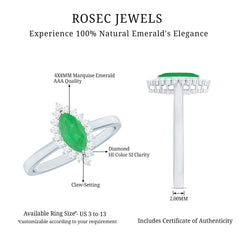 Elongated Marquise Cut Emerald Engagement Ring with Diamond Halo