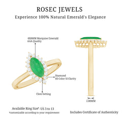 Elongated Marquise Cut Emerald Engagement Ring with Diamond Halo