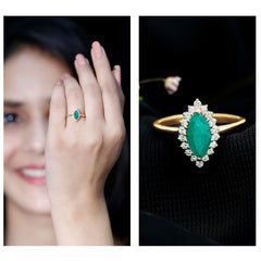 Elongated Marquise Cut Emerald Engagement Ring with Diamond Halo