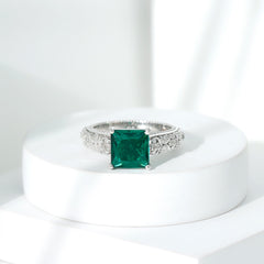 Princess Cut Lab Grown Emerald Solitaire Engagement Ring with Diamond
