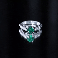 8 mm Round Lab Created Emerald Antique Looking Engagement Ring with Diamond
