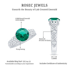 8 mm Round Lab Created Emerald Antique Looking Engagement Ring with Diamond