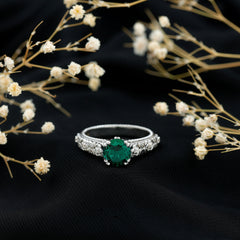 8 mm Round Lab Created Emerald Antique Looking Engagement Ring with Diamond