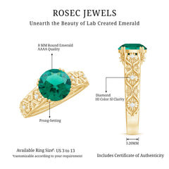 8 mm Round Lab Created Emerald Antique Looking Engagement Ring with Diamond