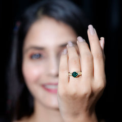 8 mm Round Lab Created Emerald Antique Looking Engagement Ring with Diamond