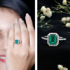 6X8 MM Lab Created Emerald Halo Engagement Ring With Moissanite