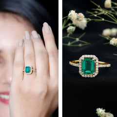 6X8 MM Lab Created Emerald Halo Engagement Ring With Moissanite