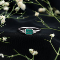Octagon shape Emerald and Diamond East-West Promise Ring in Bezel Setting