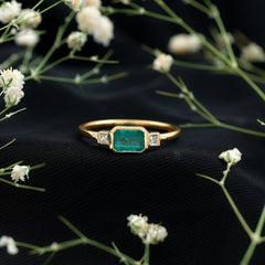Octagon shape Emerald and Diamond East-West Promise Ring in Bezel Setting