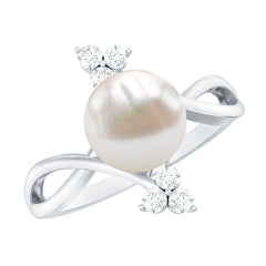 Freshwater Pearl Solitaire Ring with Diamond Trio