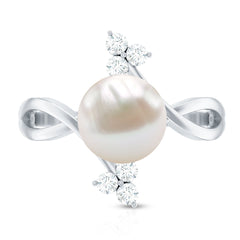 Freshwater Pearl Solitaire Ring with Diamond Trio