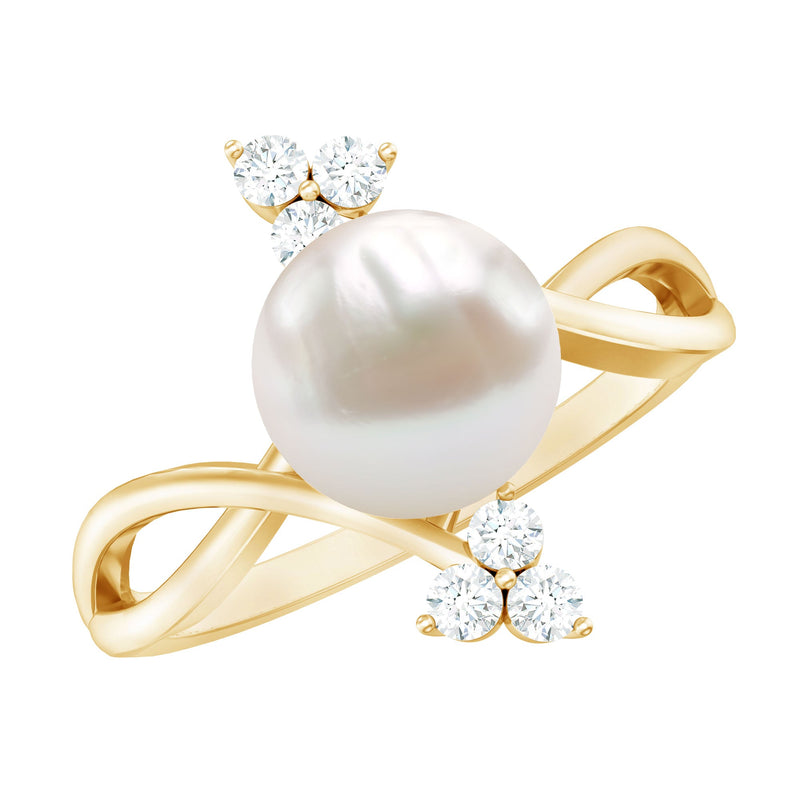 Freshwater Pearl Solitaire Ring with Diamond Trio