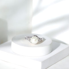 Pure Freshwater Pearl Bypass Engagement Ring with Diamond Trio