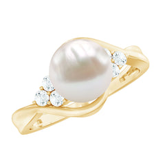 Pure Freshwater Pearl Bypass Engagement Ring with Diamond Trio
