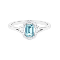 3/4 Ct Aquamarine Floral Halo Engagement Ring with Diamond