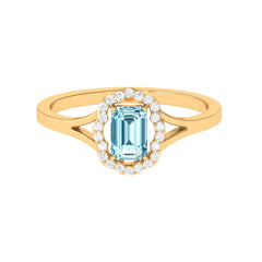 3/4 Ct Aquamarine Floral Halo Engagement Ring with Diamond