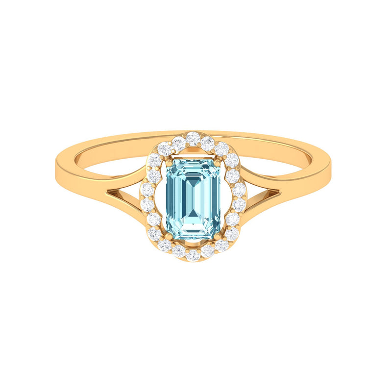 3/4 Ct Aquamarine Floral Halo Engagement Ring with Diamond