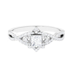 Natural Princess Cut Diamond Flower Engagement Ring with Crossover Shank